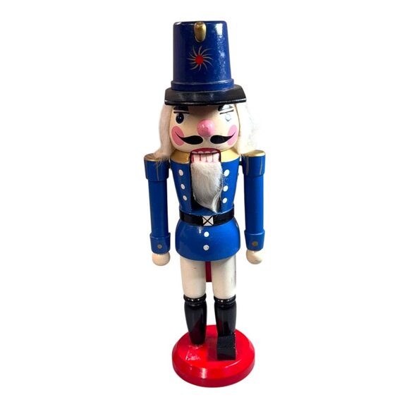 Vintage Wooden Blue Toy Soldier Nutcracker Red Base & Hat Christmas Holiday READ - Picture 1 of 9